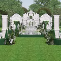 Elegant Garden Landscape Featuring White Arches Intricate Decorations Lush Green Lawn And Trimmed Hedges