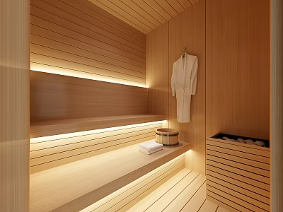 Cozy Wooden Sauna Interior With Bench White Robe Towel Metal Bucket And Stones 3d model