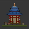Cartoon Chinese Pagoda Scene With Blue Roof Red Pillars Golden Spire Wooden Barrels And Green Platform