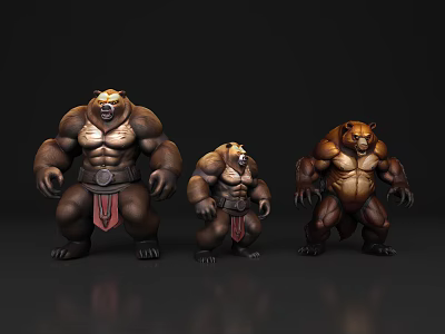 Muscular Reptile Characters in Simple Costumes Standing on Black Background 3d model