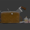 Brown Leather Bag With Wooden Handle Knife Red Bottles Syringe And Metal Tools