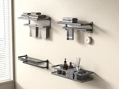 Bathroom Towels Folded and Hanging on Wall Mounted Racks with Shelves and Toiletries 3d model