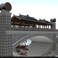 Ancient Chinese Architectural Bridge With Stone Arches Pavilion Boat And Water Reflection