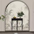 Elegant Console Table Design With Tropical Wall Mural Potted Plants And Floor Lamp