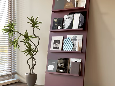 Purple Tall Bookshelf With Various Books Records And Potted Plant Beside Window With Blinds 3d model
