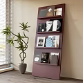 Purple Tall Bookshelf With Various Books Records And Potted Plant Beside Window With Blinds