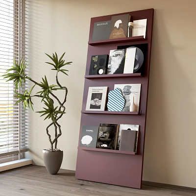 Purple Tall Bookshelf With Various Books Records And Potted Plant Beside Window With Blinds 3d model
