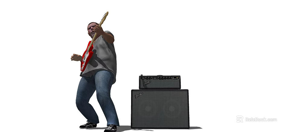 Man Playing Red Electric Guitar Next to Black Amplifier Stack 3d model 