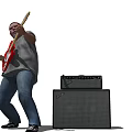 Man Playing Red Electric Guitar Next to Black Amplifier Stack