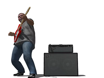 Man Playing Red Electric Guitar Next to Black Amplifier Stack 3d model