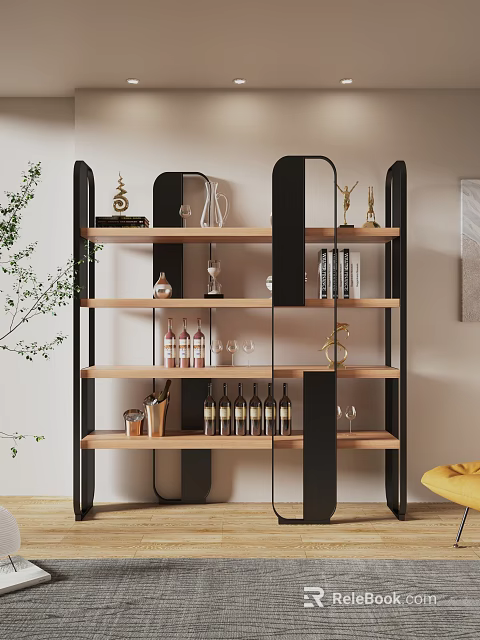 Modern Shelving Unit Featuring Black Frame Wooden Shelves Holding Wine Bottles Glasses Decorative Items 3d model 