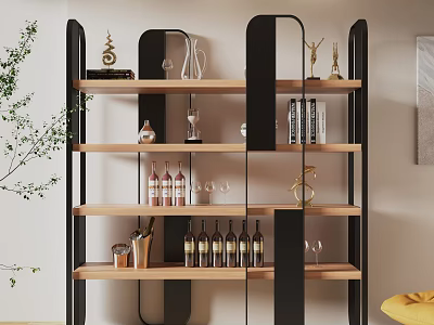 Modern Shelving Unit Featuring Black Frame Wooden Shelves Holding Wine Bottles Glasses Decorative Items 3d model