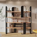 Modern Shelving Unit Featuring Black Frame Wooden Shelves Holding Wine Bottles Glasses Decorative Items