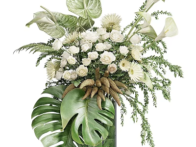 Elegant Floral and Greenery Decorative Arrangement with White Flowers Large Tropical Leaves and Brown Spikes 3d model