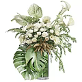 Elegant Floral and Greenery Decorative Arrangement with White Flowers Large Tropical Leaves and Brown Spikes