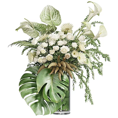 Elegant Floral and Greenery Decorative Arrangement with White Flowers Large Tropical Leaves and Brown Spikes 3d model