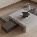Modern Geometric Coffee Table With Gray White Modules Metal Bowl And Light Wooden Floor