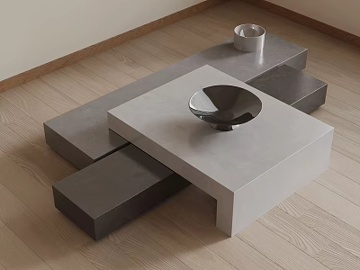 Modern Geometric Coffee Table With Gray White Modules Metal Bowl And Light Wooden Floor 3d model