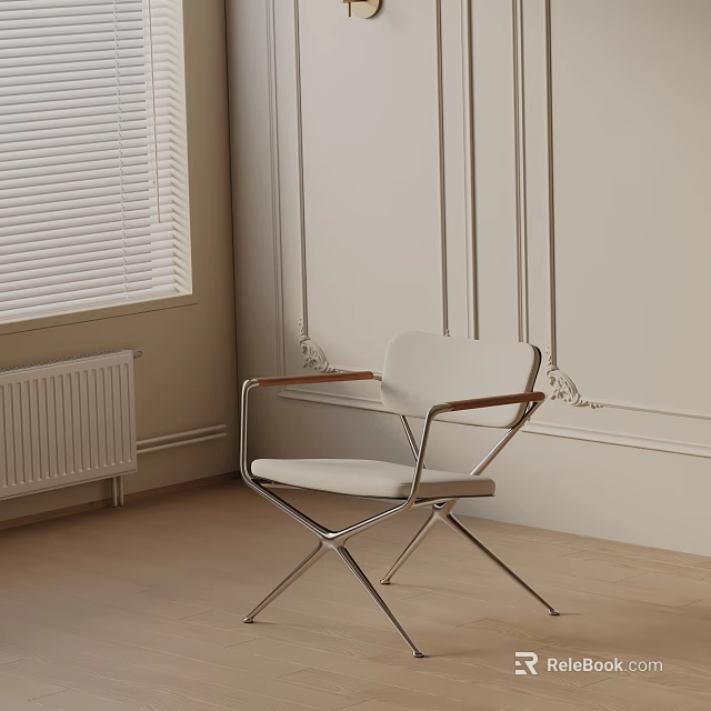 Modern Minimalist Leisure Chair With White Seat Wooden Armrests And Metal Legs In Interior 3d model 