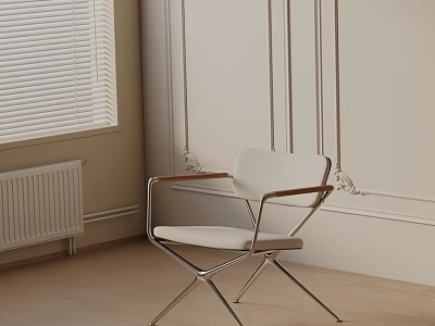 Modern Minimalist Leisure Chair With White Seat Wooden Armrests And Metal Legs In Interior 3d model