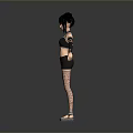 3D Female Character With Black Pigtails Crop Top Skirt Fishnet Stockings High Heels Arm Cuffs