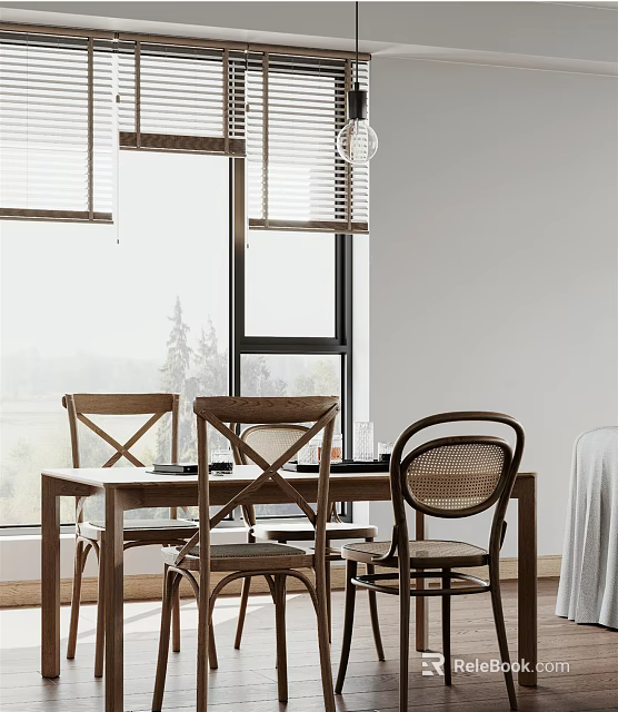 Apartment Dining Space With Wooden Table Cross Back Chairs Wicker Accent And Window Blinds 3d model 