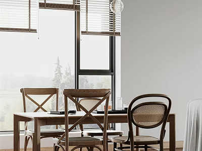 Apartment Dining Space With Wooden Table Cross Back Chairs Wicker Accent And Window Blinds 3d model