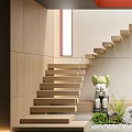 Modern Minimalist Wooden Staircase With Green Plants Skylight And Decorative Figurine