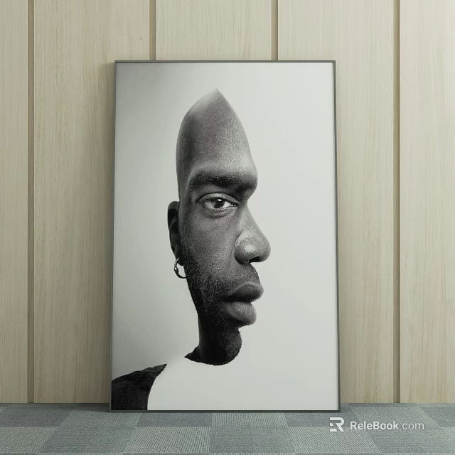 Black and White Portrait Painting Featuring Bald Head Profile View With Earring Against Wooden Wall 3d model 