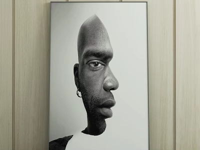 Black and White Portrait Painting Featuring Bald Head Profile View With Earring Against Wooden Wall 3d model