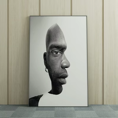 Black and White Portrait Painting Featuring Bald Head Profile View With Earring Against Wooden Wall 3d model