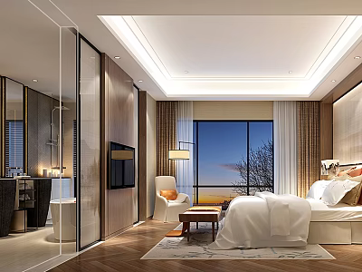 Hotel Guest Room Interior With Large Bed Floor to Ceiling Window Armchair and Modern Decor 3d model