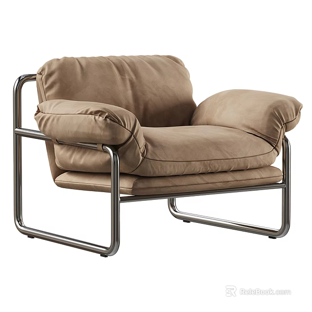 Modern Beige Plush Upholstered Leisure Chair With Wide Armrests And Silver Metal Frame 3d model 