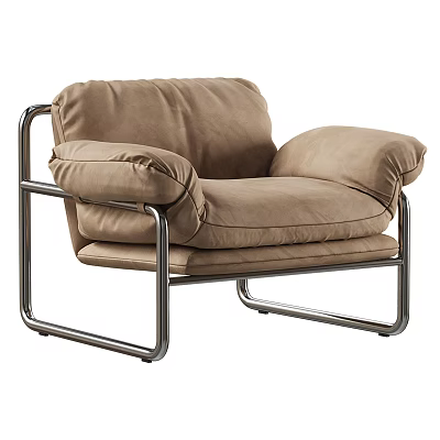 Modern Beige Plush Upholstered Leisure Chair With Wide Armrests And Silver Metal Frame 3d model