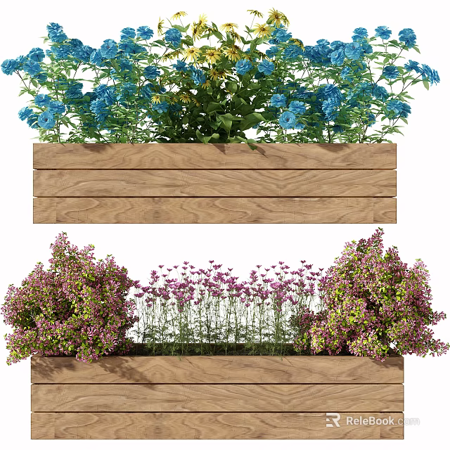 Bonsai Potted Plants In Wooden Planter Boxes With Blue Pink Flowers And Green Foliage 3d model 