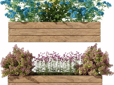 Bonsai Potted Plants In Wooden Planter Boxes With Blue Pink Flowers And Green Foliage 3d model