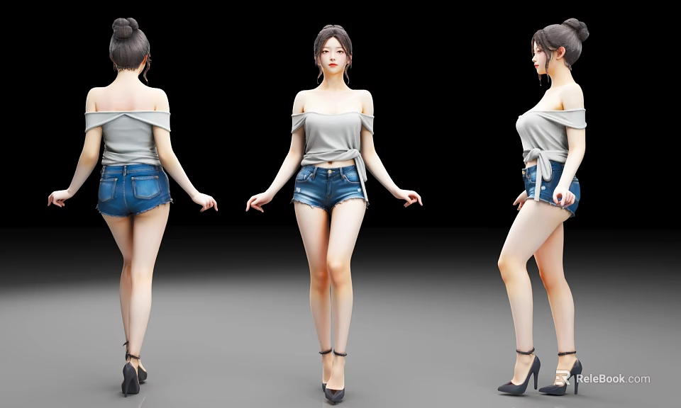 A Woman In Off Shoulder Top And Denim Shorts With High Heels From Three Angles 3d model 