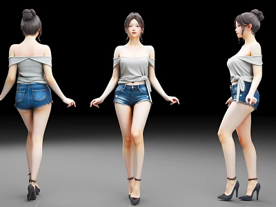A Woman In Off Shoulder Top And Denim Shorts With High Heels From Three Angles 3d model