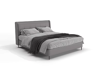 Modern Gray Double Bed with Upholstered Headboard Pillows and Soft Blanket 3d model