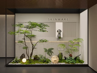 Lush Indoor Landscape Interior With Leafy Tree Ferns Stones Moss And Decorative Light 3d model