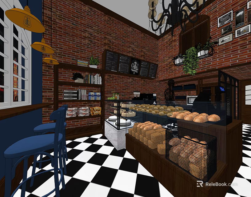 Dessert Shop With Red Brick Wall Black And White Checkered Floor Display Case And Bread 3d model 