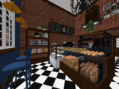 Dessert Shop With Red Brick Wall Black And White Checkered Floor Display Case And Bread 3d model
