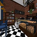 Dessert Shop With Red Brick Wall Black And White Checkered Floor Display Case And Bread