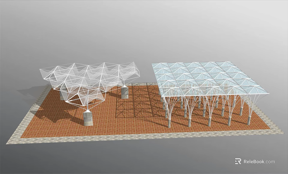 Outdoor Pergolas With Geometric White Metal Frame And Glass Roof On Red Brick Floor 3d model 