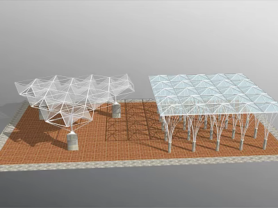 Outdoor Pergolas With Geometric White Metal Frame And Glass Roof On Red Brick Floor 3d model