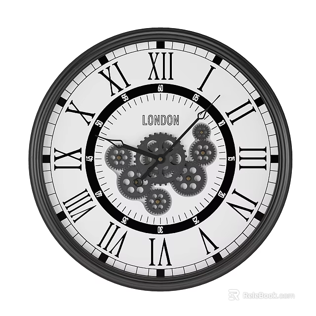 Vintage London Decorative Wall Clock With White Dial Roman Numerals And Gear Design 3d model 