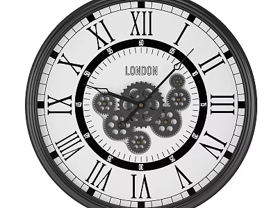 Vintage London Decorative Wall Clock With White Dial Roman Numerals And Gear Design 3d model