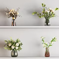 Beautiful Home Flower Arrangements in Different Vases on White Shelves