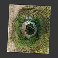 Cartoon Scene of Old Wooden Watchtower with Green Grass and Plants in Rustic Model Setting