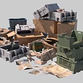Pile of Various Recyclable Waste Containers Including Cardboard Boxes and Plastic Crates